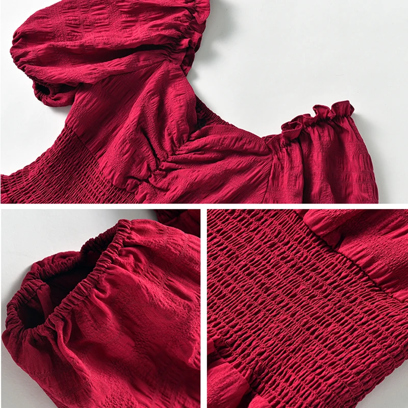 Dress Women Retro Burgundy Summer Stylish Holiday Girls Dresses High Waist Lovely Puff Sleeve Elegant Soft Womens Party Vestidos | Женская