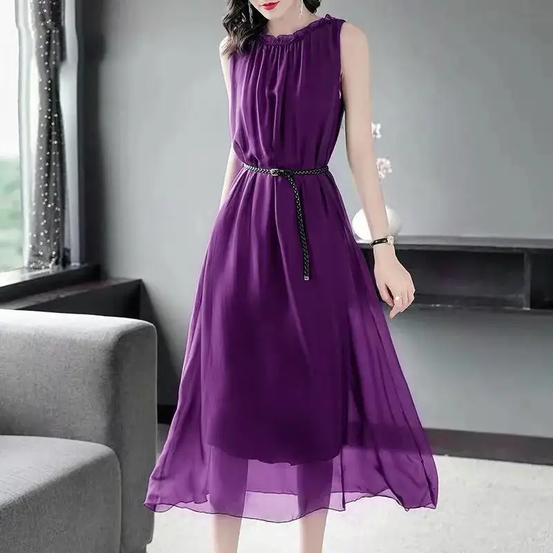 

chiffon dress women 2021 summer new waist mid-length sleeveless vest big shirt dress bridesmaid dress