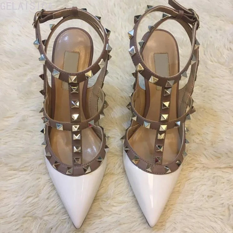 

Classics V Right Logo Women High Heel Rivet Sandal Genuine Leather Wedding Shoes 10cm Thin Heel Pointed Toe Sandal 6 8 10cm