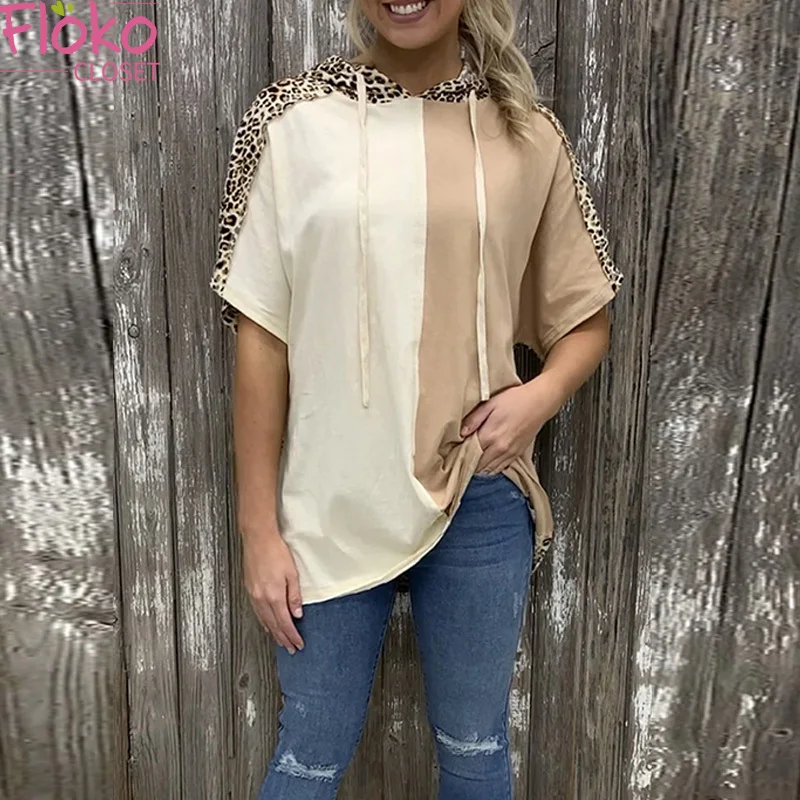 

Flokocloset Leopard Stitching Hooded Loose Women T-shirt Street Y2k Top Summer Contrast Color Short Sleeve Tops