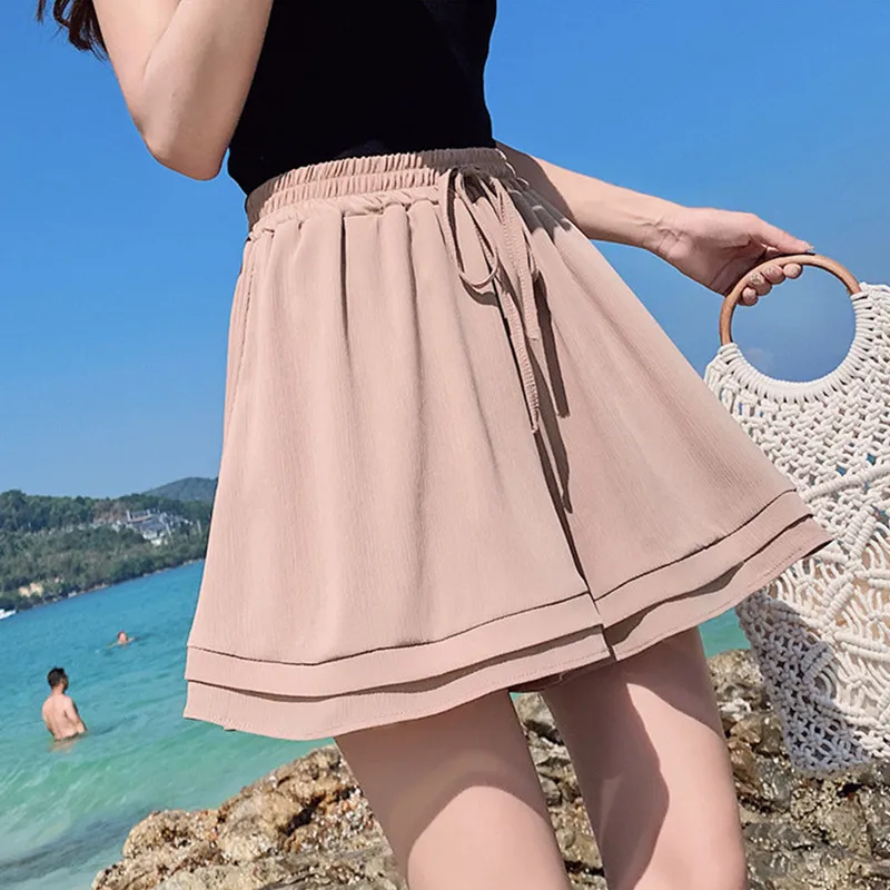 

2020 New Summer Chiffon Shorts Korean Ladies Double Layer High Waist Wide Leg Shorts Casual Loose Skirt Short For Women