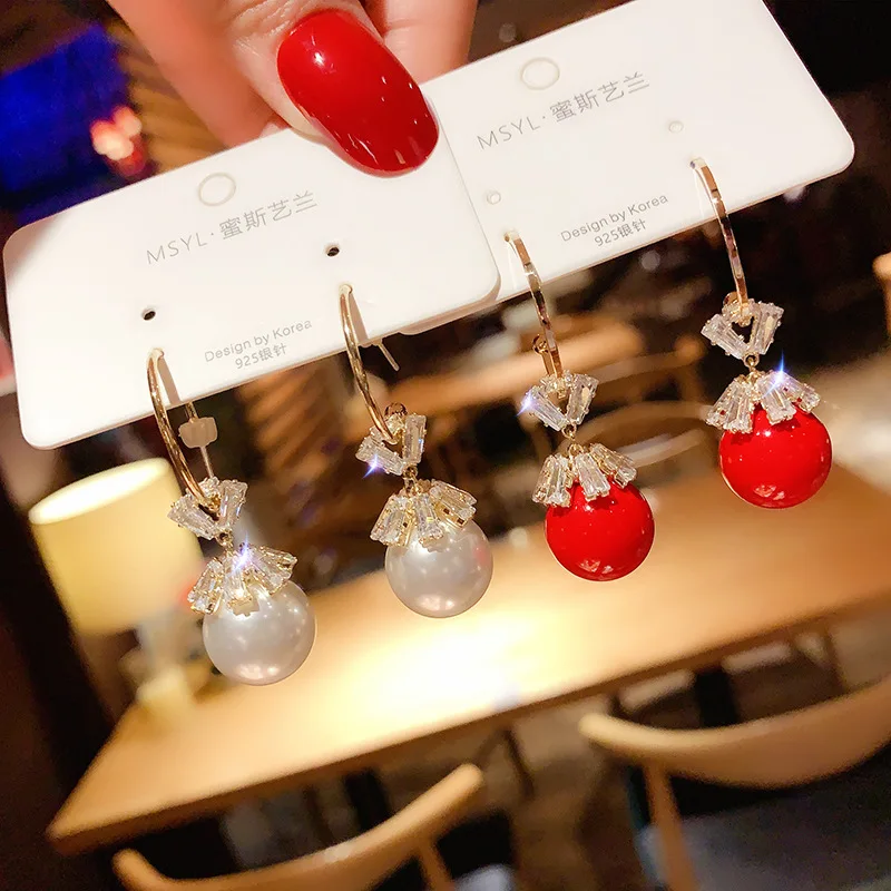 

YAOLOGE Elegant Gorgeous Golden Drop Earrings Bling Shiny Rhinestone Red White Earrings Pearl Bead Fashion Jewelry Accessories