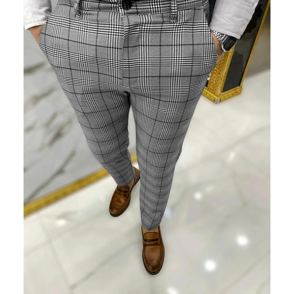 

2021 Spring Fashion Plaid Printed Pencil Pants for Mens Vintage Mid Waist Button Trouser Male Summer Casual Long Pant Streetwear