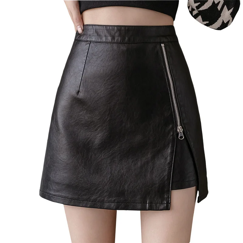 

Black PU Leather Skirt Ladies 2021 New Fshion Mini Korean Version Sexy Gothic High Waist Cute Office Retro Pencil On Knee Y2K