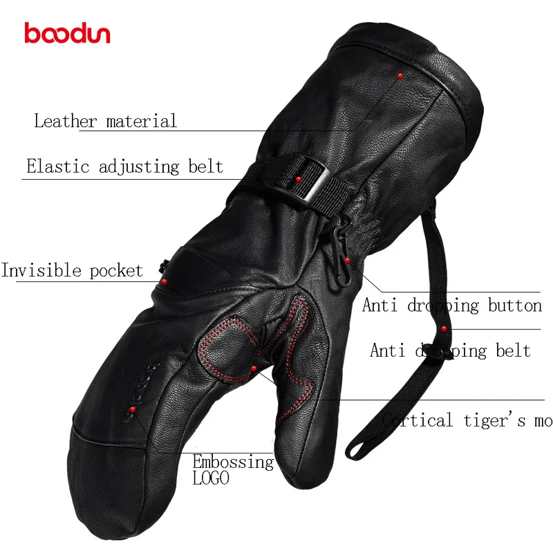 Men Women Genuine Leather Ski Gloves with Portable Pocket Touch Screen Waterproof Warm Outdoor Sports Snowboard Skiing | Спорт и