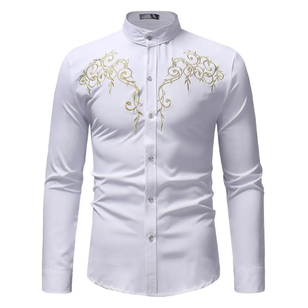 

Mens White Embroidery Mandarin Collar Dress Shirt 2021 Brand Slim Fit Long Sleeve Men Shirt Party Business Casual Chemise Homme