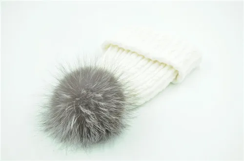 White silver fox fur Вязаная Шерстяная Шапка из натурального меха енота, шапка с помпоном для женщин и девочек, новинка, осенняя, весенняя, зимняя женская меховая шапка - Цвет: White silver fox fur