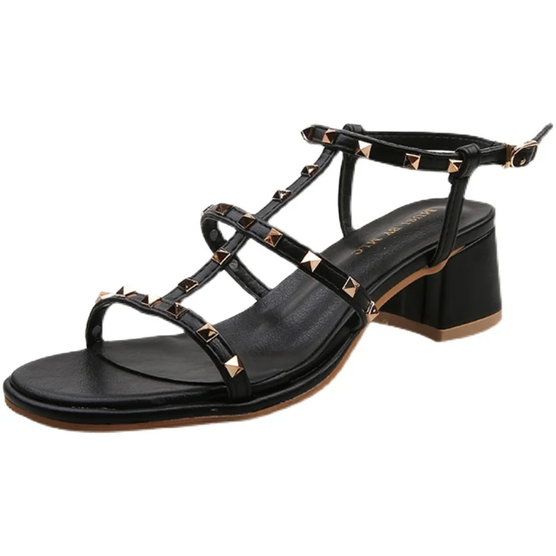 

Summer Hot Sale Casual One Word Buckle Open Toe Temperament High Heels Low Heels Exquisite Rivet Fashion Ladies Sandals.