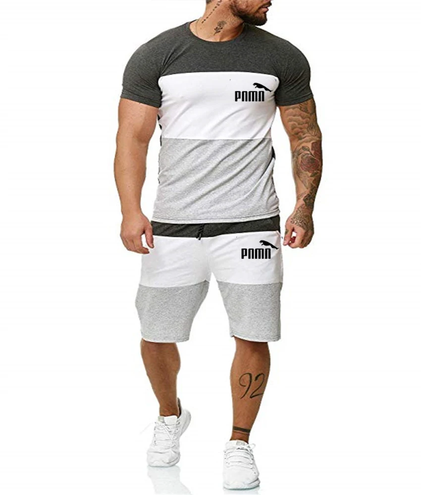 

2021 New High quality brand Summer Men's Breathable Casual Wear Fitness Sports Suit Short-sleeved Shirt T-shirt+ Splicing Shorts