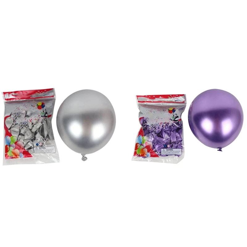 

100Pcs 10 Inch Metallic Latex Balloons Thick Chrome Glossy Metal Pearl Balloon Globos For Party Decor - Silver & Purple
