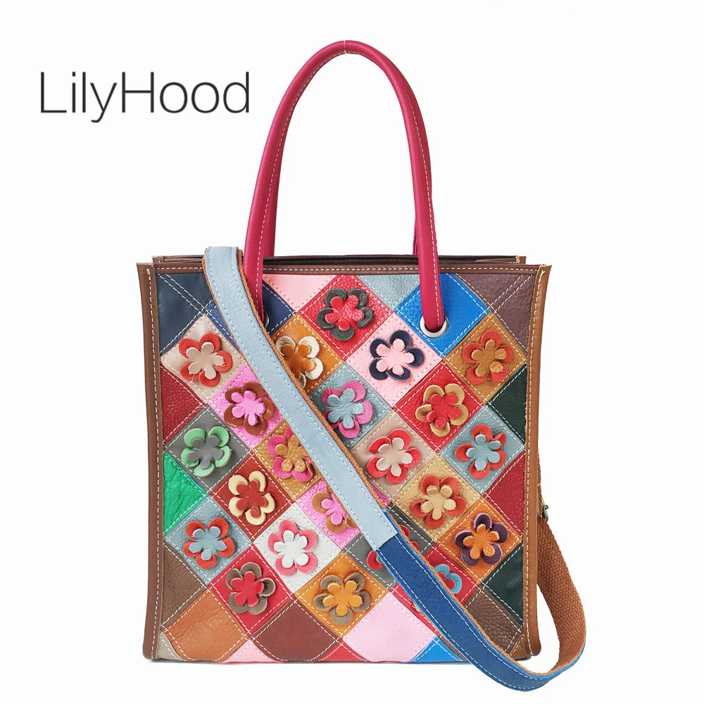 Многоцветная Цветочная сумка из натуральной кожи с верхними ручками для работы