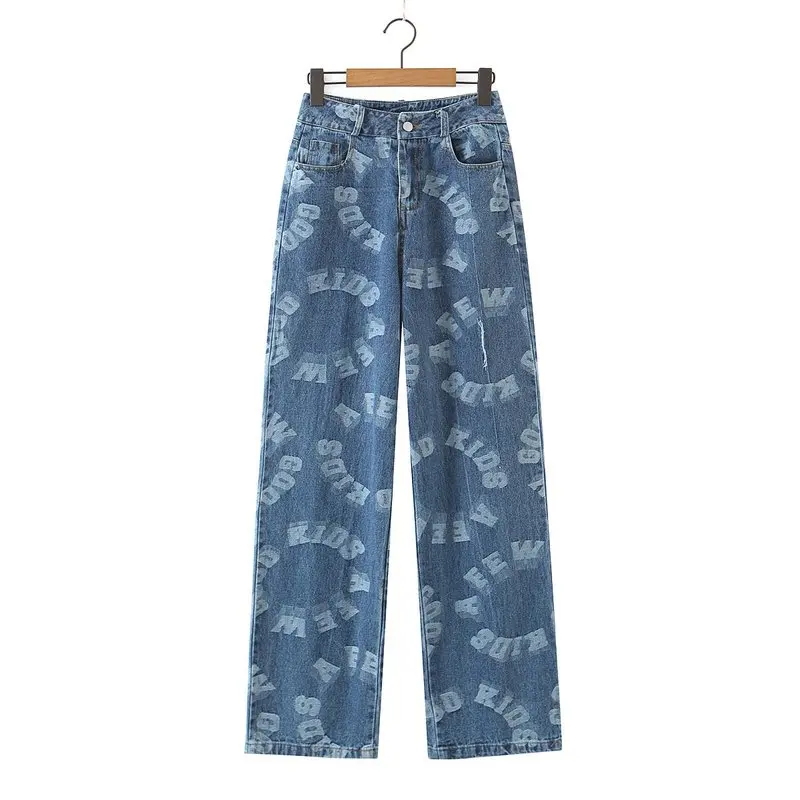 

Women's Jeans Y2k Chic Trend Printing Streetwear Buttons High Waist Wide Leg Pants Boyfriend Versatile Baggy Denim Trouser ZA