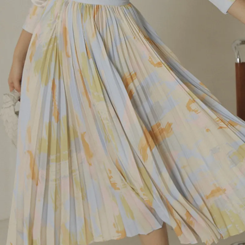 

Tie Dye Pleated Skirt Midi Autumn Blue Long High Waist Skirts Womens 2021 Swing Korean Fashion Ladies Skirt Fall