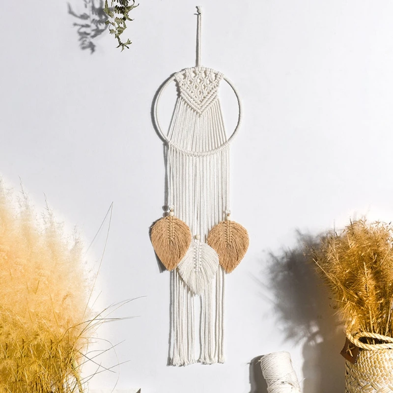 Atrapasue&ntilde;os colgante de pared de macram&eacute; de estilo n&oacute;rdico, tapiz de hojas de borlas tejido bohemio hecho a mano para decoraci&oacute;n de habitaci&oacute;n de ni&ntilde;os y boda-4