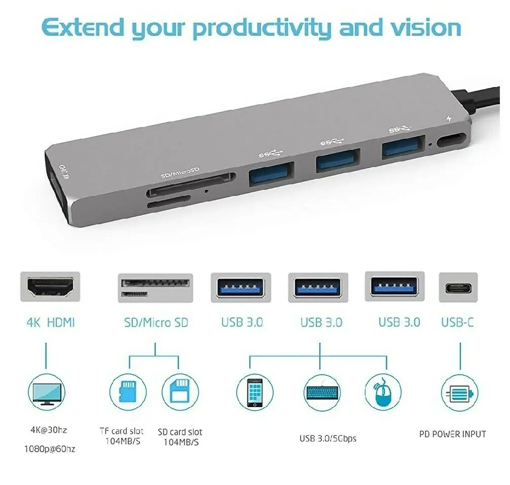 Фото USB C концентратор, многопортовый адаптер INPHER 7 в 1, портативный Космический алюминиевый ключ... №2