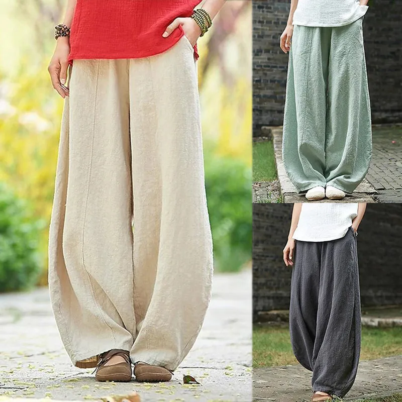 

Wide Legs Women's Pants Cotton Linen Elastic Waist Casual Lady Bloomers Spring Autumn Fashion Pants For Women Harajuku Trousers