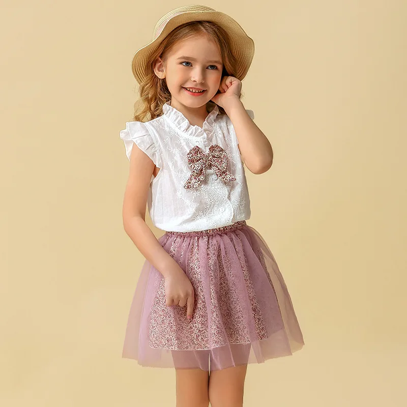 

MudiPanda Girls Dresses Summer 2021 Fashion Kid Clothes for 3-7 Years Girls Lovely Bow-knot Lace Outfits Print Mesh Dress