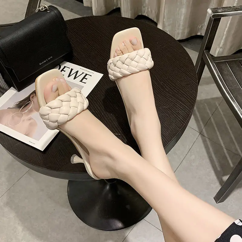 

Ins color woven thin heels wear one-piece sandals and fairy high heels