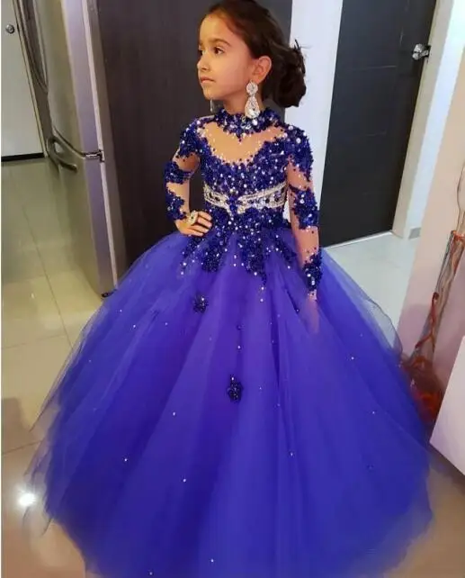 

Blue Girls Pageant Dresses For Weddings Ball Gown Long Sleeves Tulle Beaded Long Flower Girl Dresses For Little Girls