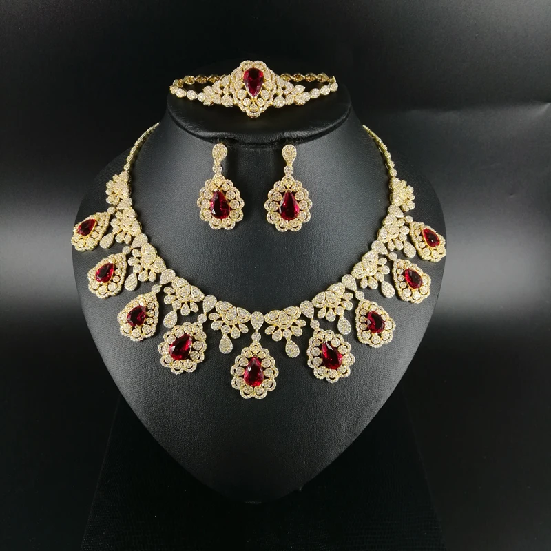 

2019 new fashion water drop RED CZ zircon golden necklace earring bracelet ring wedding bridal banquet dinner dressing jewelry