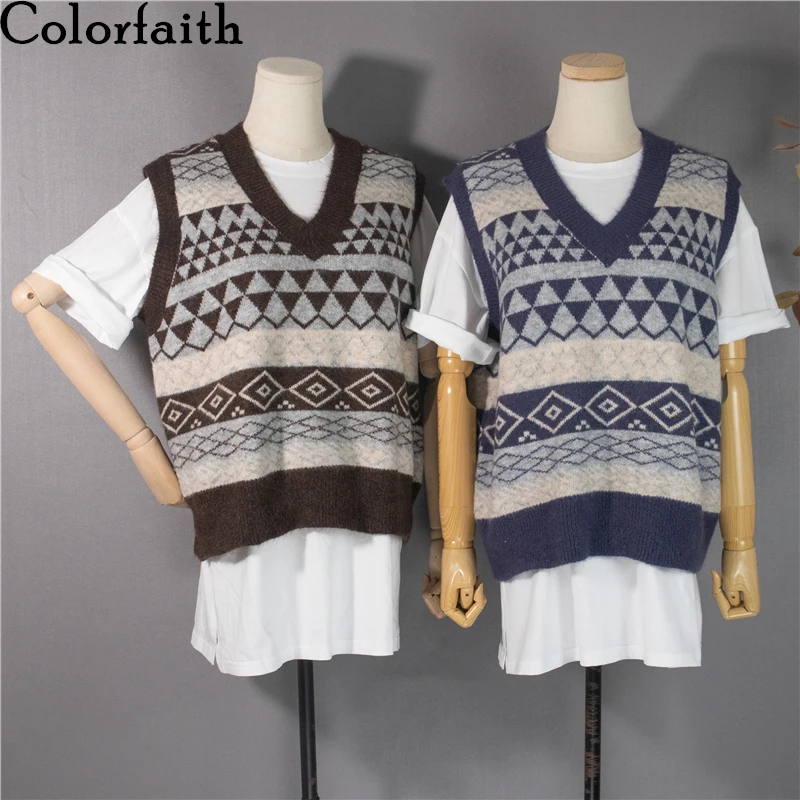 

Colorfaith 2021 New Spring Autumn Women Sweaters V-Neck Pullover Sleeveless Vintage Vest Argyle Waistcoat Lady Tops SWV1260JX