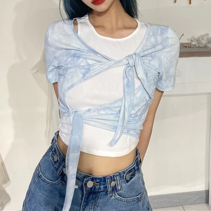 

Kywommnz 2021 Summer New Fashion Tie-dye Tie-dye White Two-piece T-shirt Women High-waist Short-sleeved Top E2885
