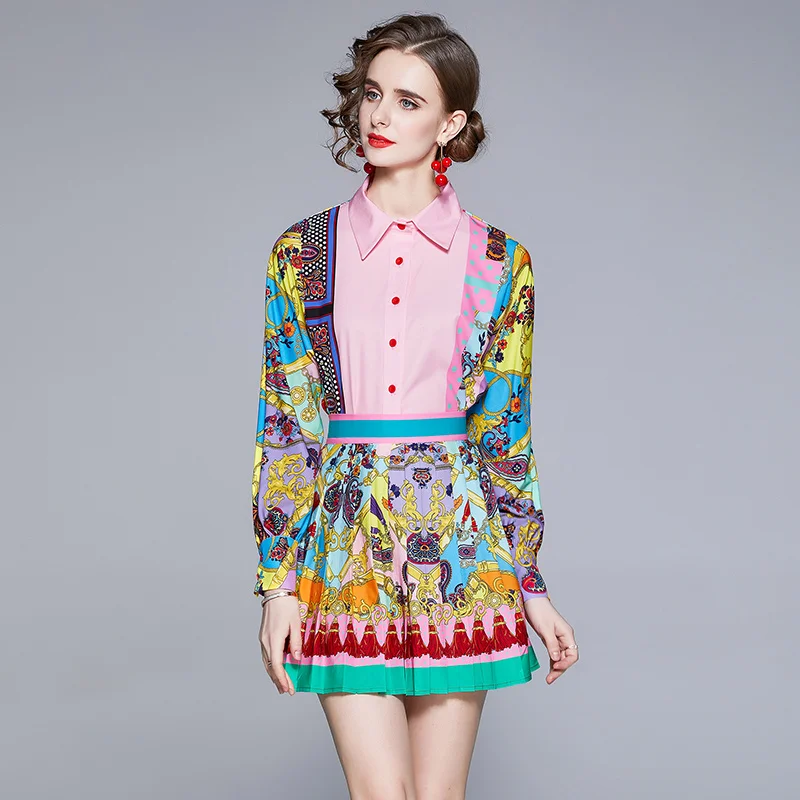 

Runway Spring Summer Flower Skirts 2 Two Pieces Sets Women's Long Sleeve Floral Print Shirt Tops and Short Pleated Skirts Suits