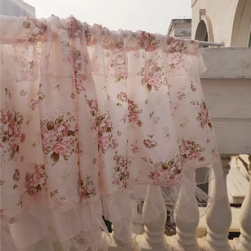 

Decorative pink polyester printed short curtains. Lace cabinet curtain coffee half curtain decorative head curtain.