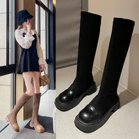 new sexy slim black flocked stretch fabric womens knee high boots spring and autumn fashion round toe girls modern boots