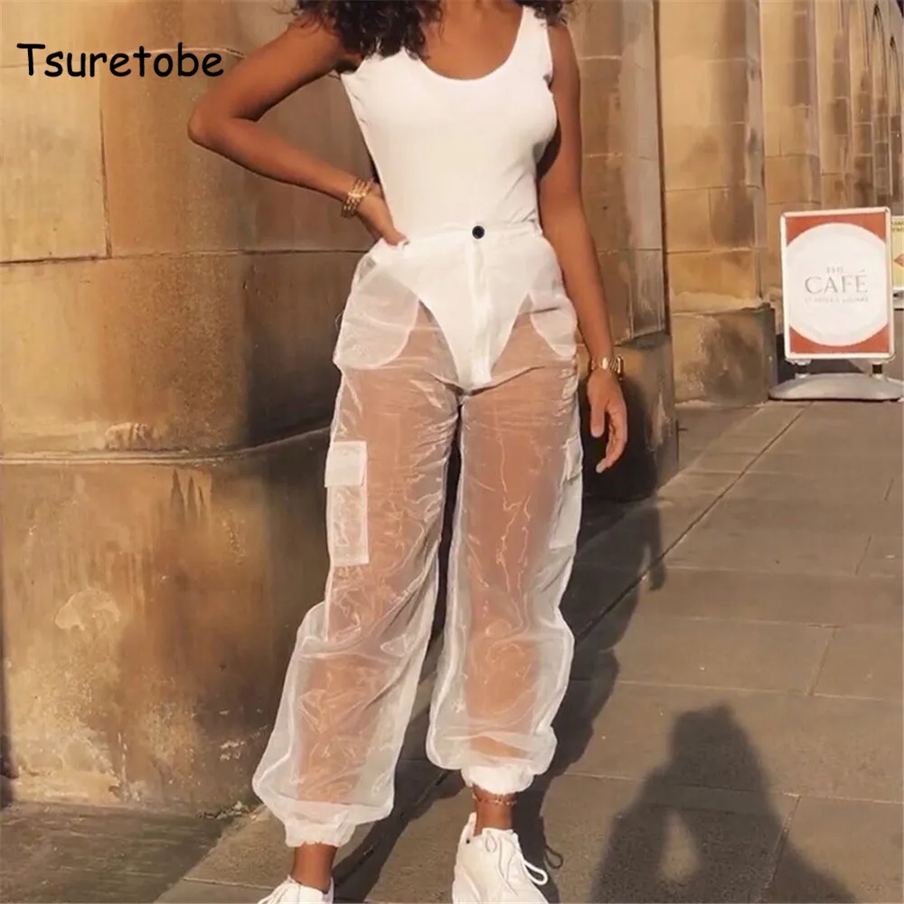 

Tsuretobe Sexy Mesh Perspective Pants Women 2021 Summer Hipster Pocket Harem Pants Ladies Pure Color Fashion Streetwear Pants