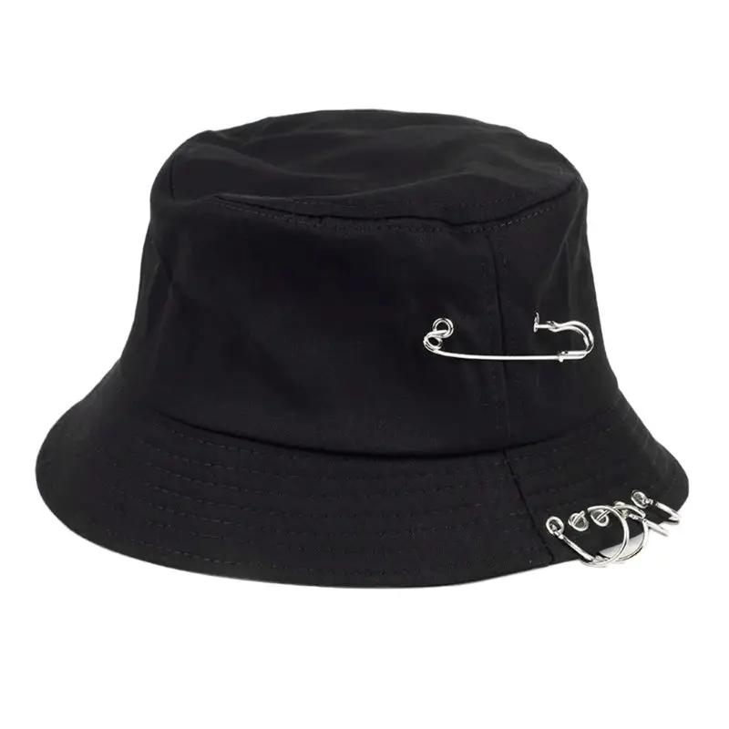

Unisex Harajuku Punk Cotton Bucket Hat Metal Pin O-Rings Hip Hop Fisherman Cap