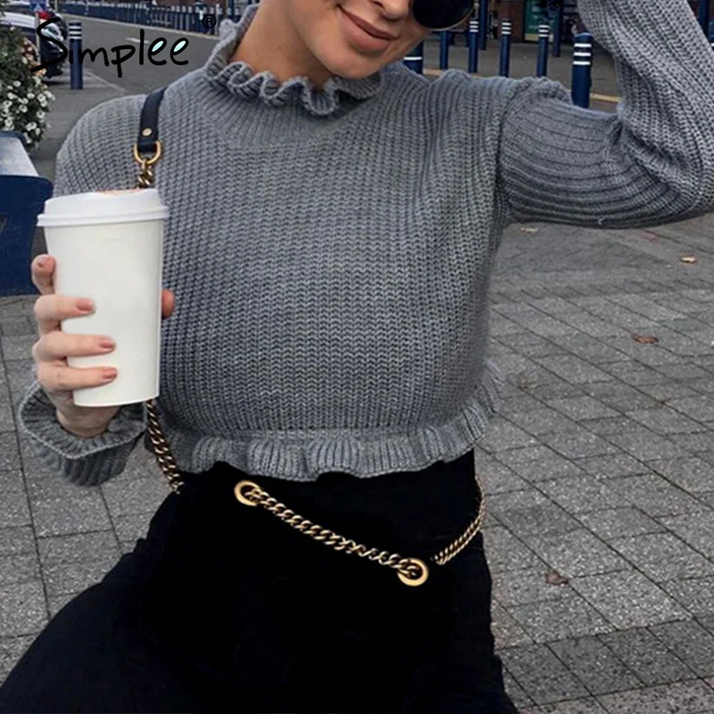 Simplee Ruffle knitted sweater female Butterfly sleeve winter 2018 slim fit pullover streetwear jumper pull femme peplum top | Женская