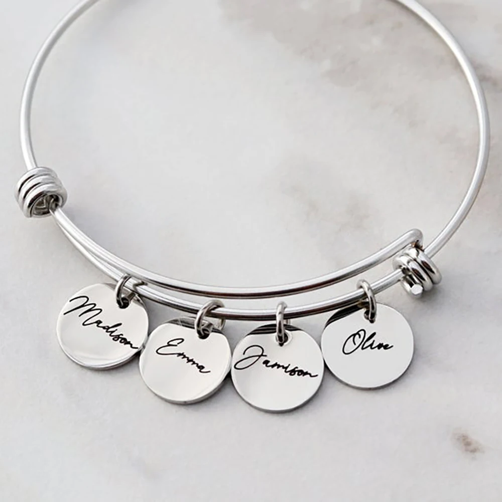 

Mini-World 1-3 Name Bracelet Personalized Adjustable Charm Bangle Cute Round Love Pendant Stainless Steel Jewelry for Mothers