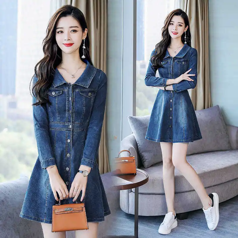 

Women Vintage Denim Dress New Female Turn-down Collar Casual Mini Length Button Dresses Ladies Fashion Loose Denim Vestidos A54