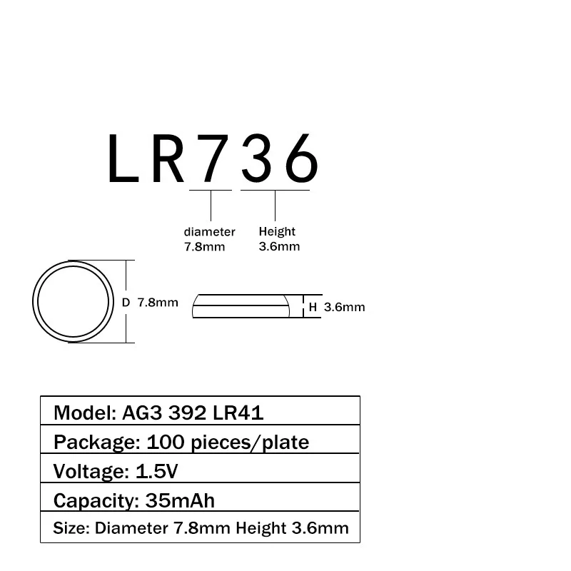 200 шт. LR41 AG3 1,5 В щелочная Кнопка часы батарея SR41W 392 192 GP192A LR736 батареи для батареи игрушка-фонарик часы