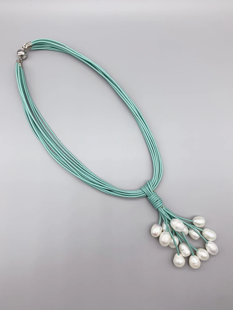 

FoLisaUnique 10Strands Leather Freshwater Baroque Pearl Cluster Pendant Choker Necklace For Women