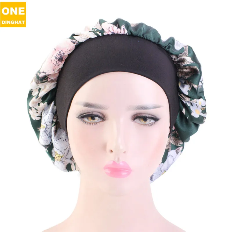 

New silky Floral Nightcap Wide Side Satin Sleeping Cap Hair Loss Caps Chemotherapy Hats Beanie With Soft Elastic Band Hair Care