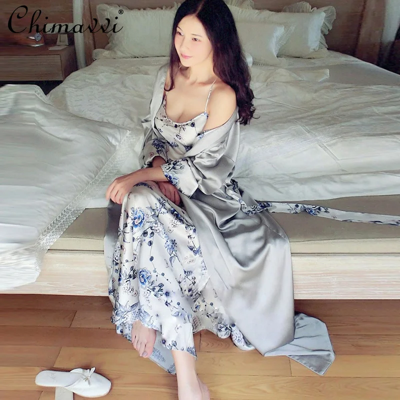 

Lady's Spring and Autumn Satin Printed Pajamas Women's Long Sleeve Sling Robes Long Sleepingdress Two-Piece Pajamas Homewear