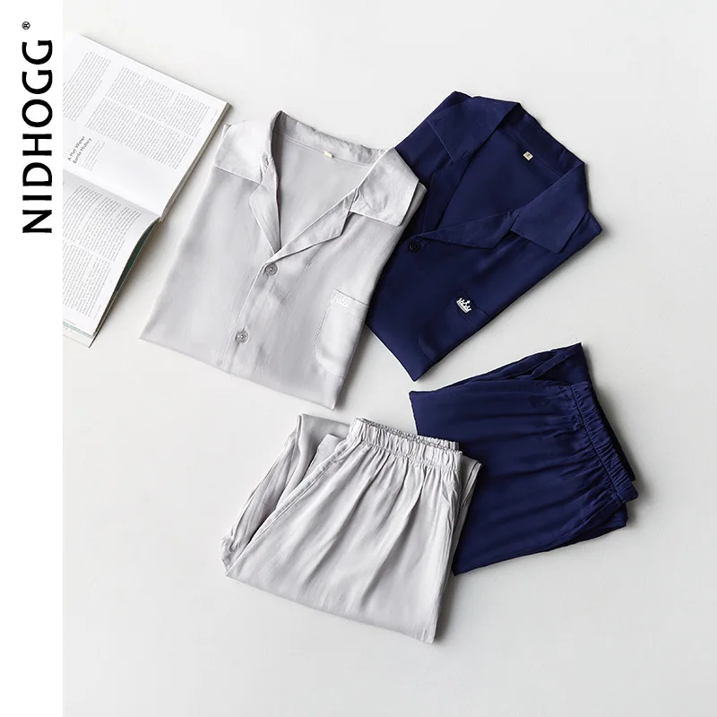 Пижама Мужская атласная с длинным рукавом однотонная повседневная одежда для