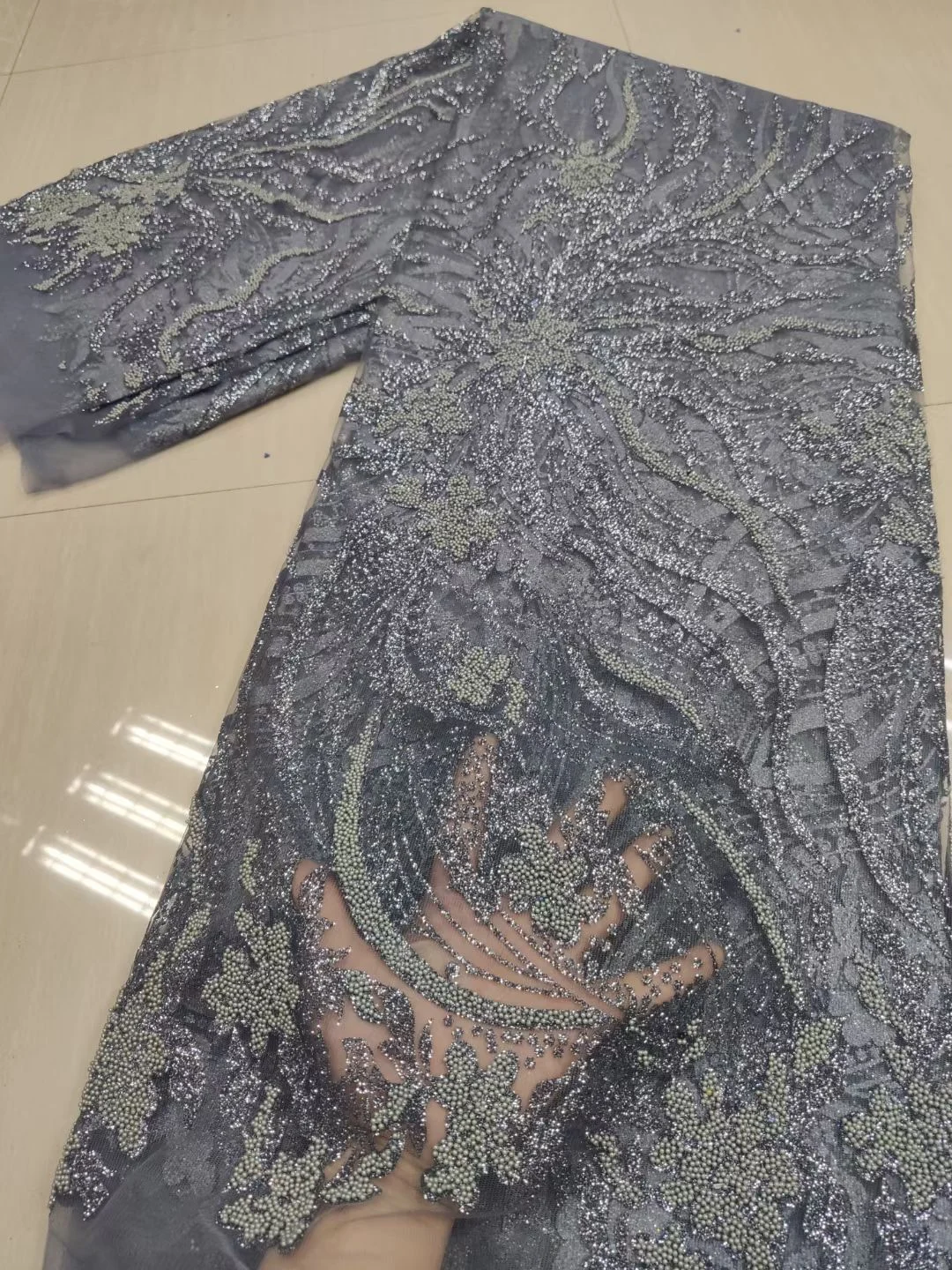 

Gray Beaded Embroidery Lace Mesh Fabric 2021 African Tulle Lace Fabric With Sequins Beads French Net Lace For Bridal VFM4997