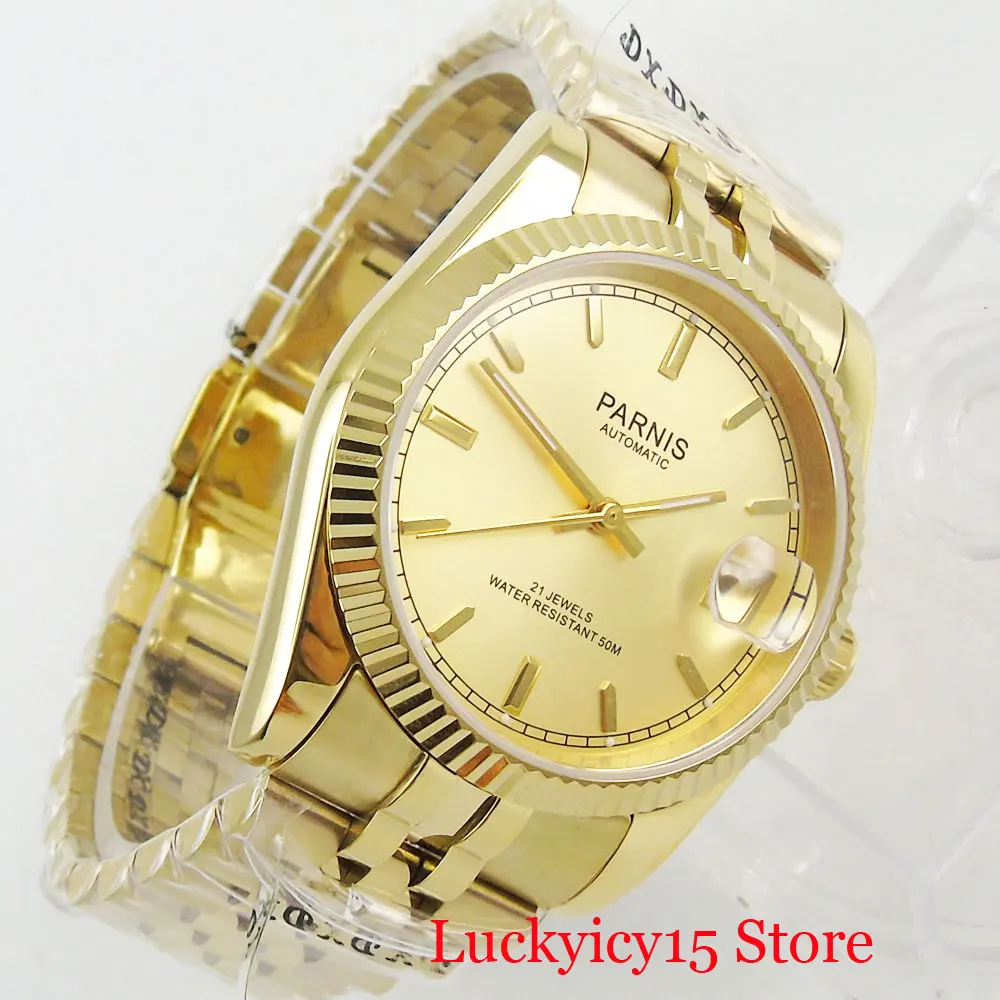 Механические часы PARNIS Роскошные наручные с желтым золотым покрытием 36 мм