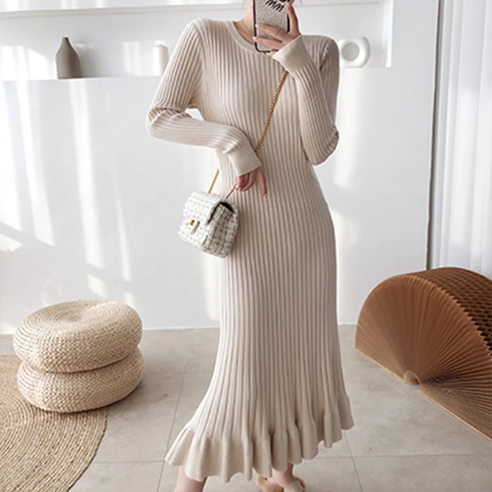 

Dress 2021 Autumn Winter Women Casual Sweater Dress Long Sleeve O-neck Solid Elegant Party Outfits Vestido Streetwear Clothes