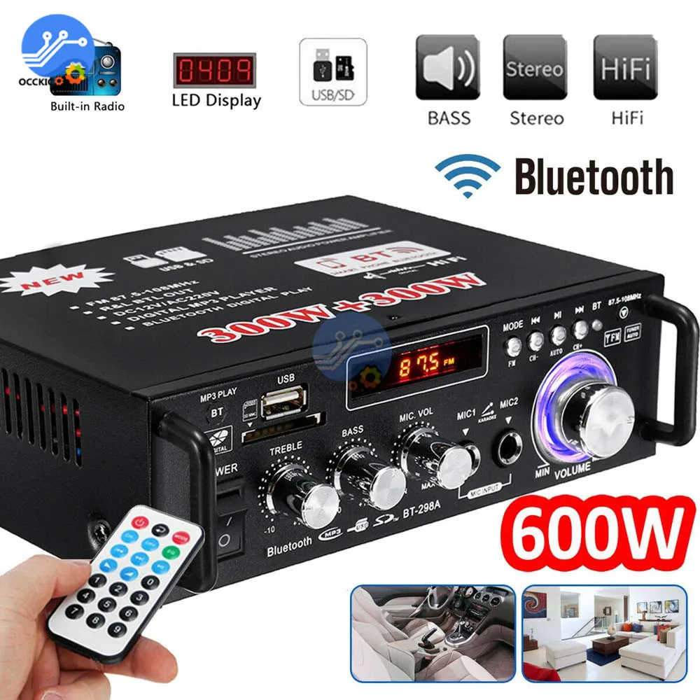 Усилитель мощности Bluetooth 600 Вт + 300 2CH HIFI аудио стерео усилитель USB FM радио для