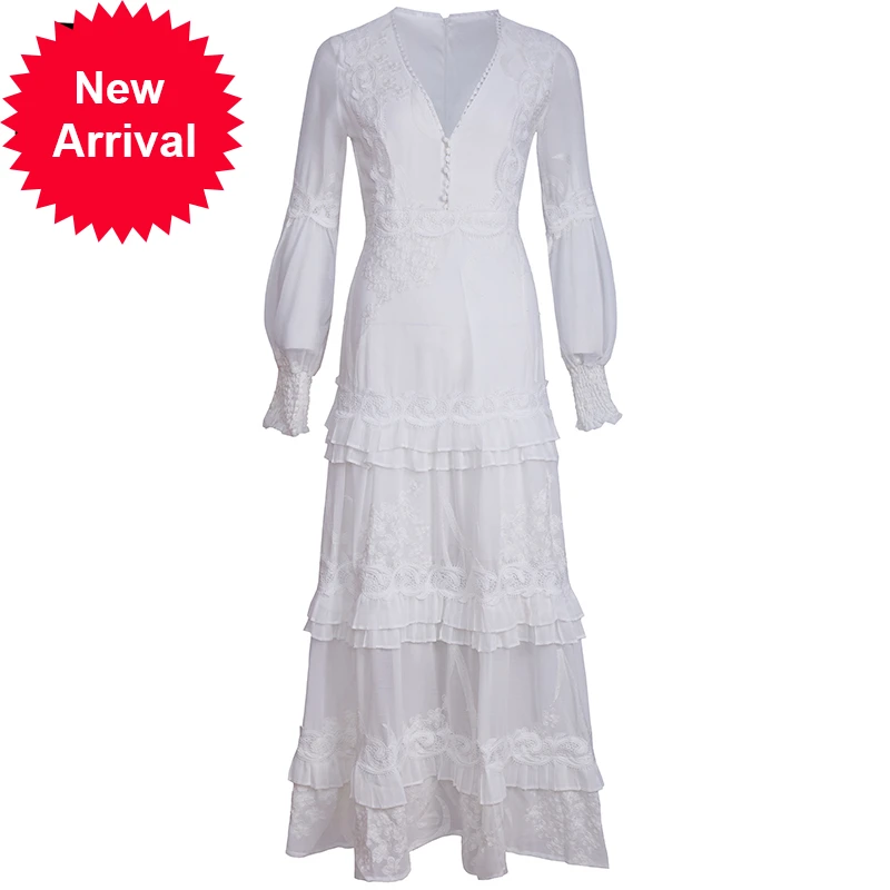 

New Women Summer Fashion DesignerLong Dress Lantern Sleeve Lace Ruffles Black Printed Slim Ladies A-Line Dresses
