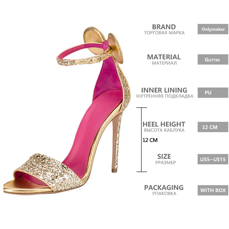 Onlymaker Woman Shoes Peep Toe BlingThin High Heels Bridal With Glitter Luxury Gold 12cm Wedding Big Size Sandals | Обувь