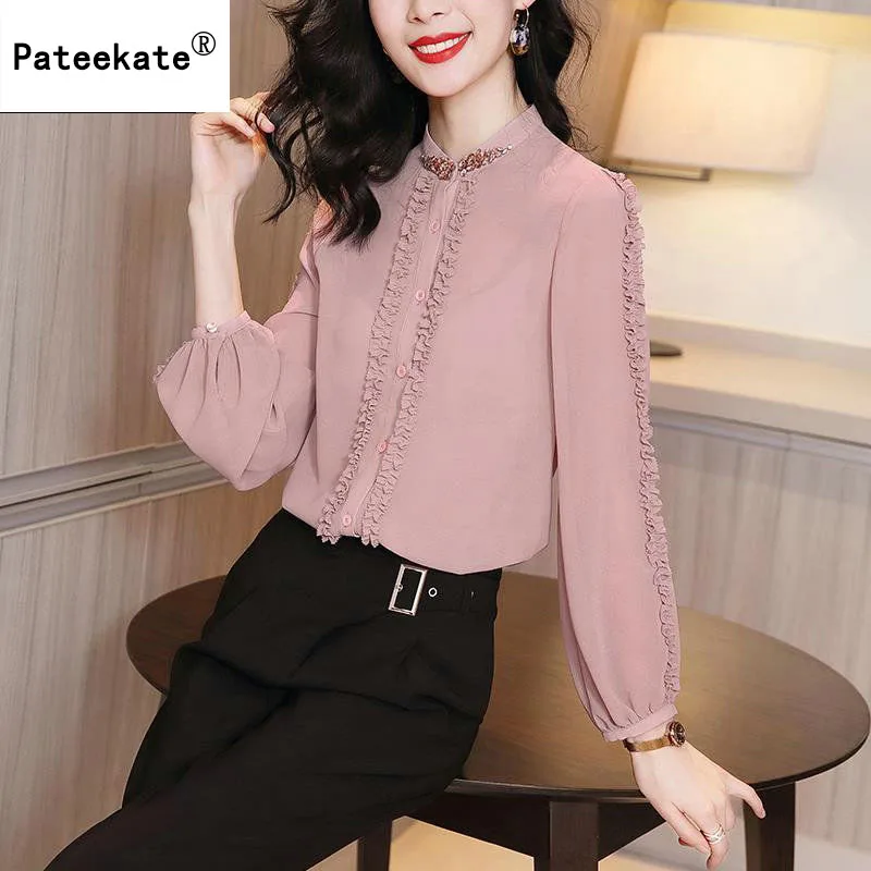 Женские топы и блузки однотонная белая шифоновая блузка Офисная рубашка тонкие