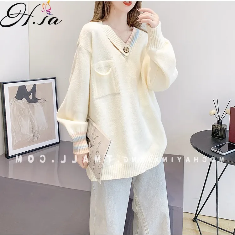

Hsa Women Winter Clothing Pull Sweater 2021 New Korean Style Loose V Neck Chic Harajuku Streetwear Casual Pullover Sweater Top