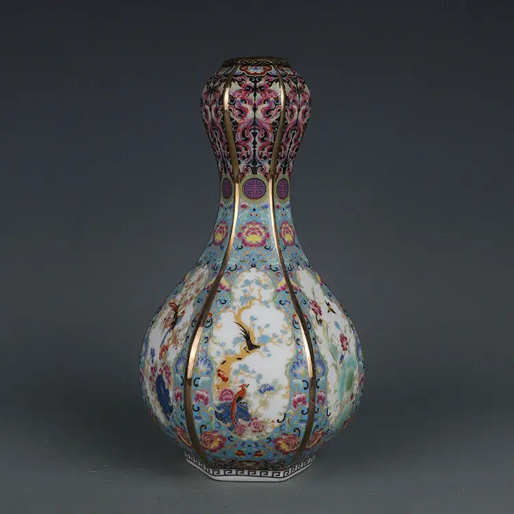 

Chinese Colour Enamel Porcelain Qing Qianlong Flowers Birds Design Vase 9.5 inch
