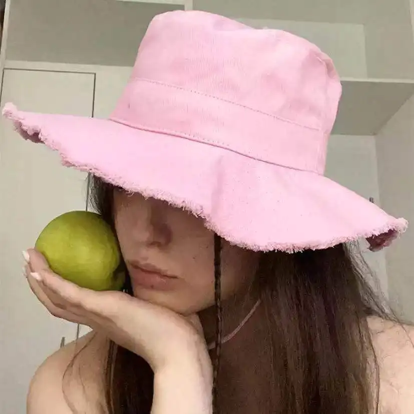 

Summer Women's Bucket Hats Raw Edges Canvas Drawstring Women Sun Hat