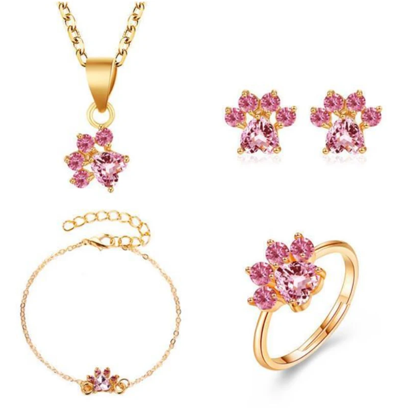 

Cute Cat Paw Earrings Bracelet Fashion Pendant Footprint Necklace Adjustable Ring Zircon Wedding Gilrs Fascination Jewelry Set